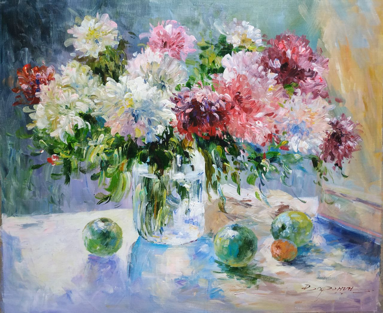 Картина маслом Натюрморт пионы и яблоки 50х60